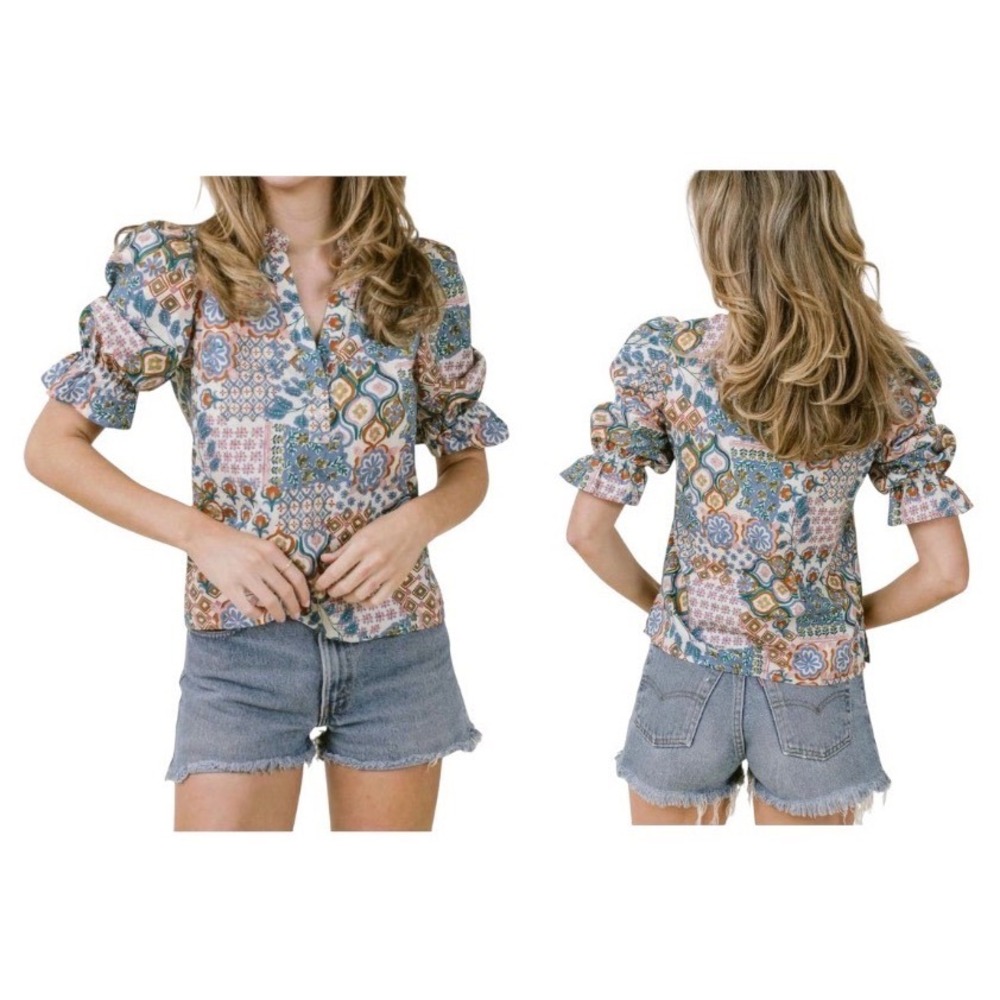 LaRoque Puff Sleeve Betsy Blouse Womens Multi Color Boho Cotton Top S